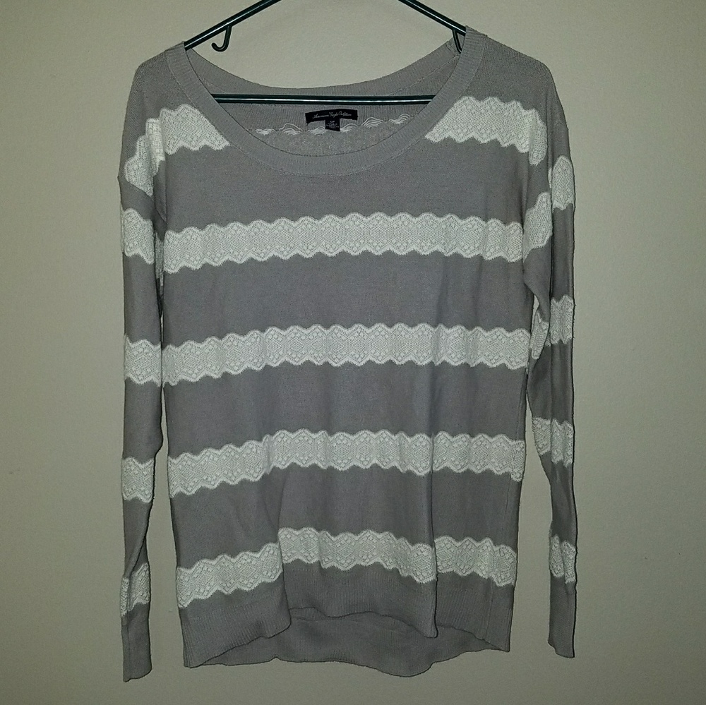 American Eagle Gray and White Lace Stripe Sweater - Picture 2 of 5